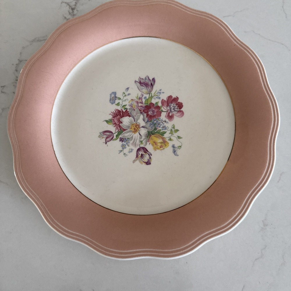 Vintage French Saxon‎ Scalloped Plate China 22kt Gold Floral Pale Pink 10 Inch